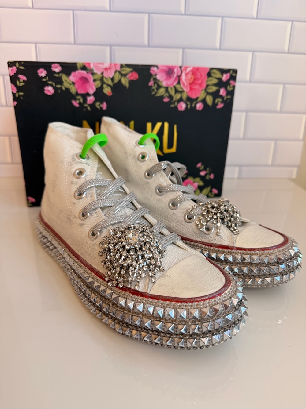 Nan-Ku Cruise White High-Top Embellished Platform Sneakers
